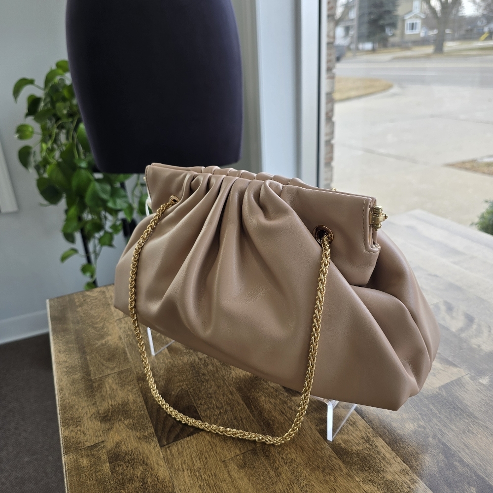 Elliot Shoulder Bag. Luxurious Tan Ruched Shoulder Bag with Chain Strap